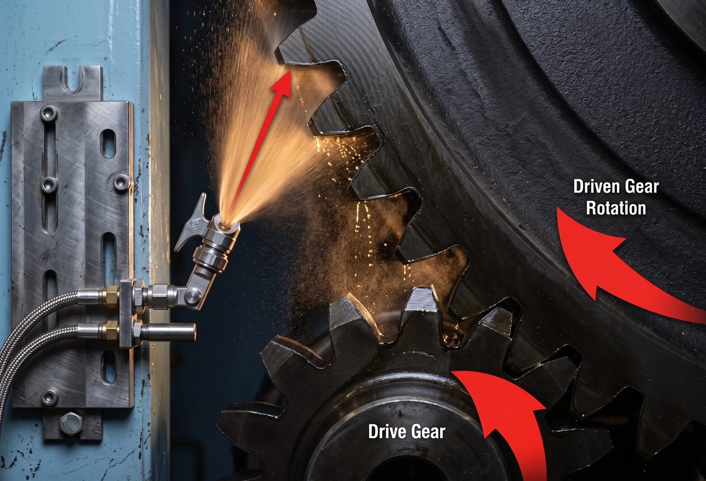 A spray nozzle on an adjustable bracket throws an atomised fan of lubricant. It lands on the teeth of a large driven gear. The pinion it meshes with sits below. Arrows mark the spray direction and the rotation of both gears. The labels read Driven Gear Rotation and Drive Gear.